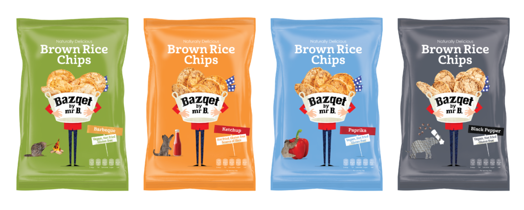 Bazqet Brown Rice Chips, smaken BBQ Ketchup Paprika Pepper Vegan en Vegetarisch