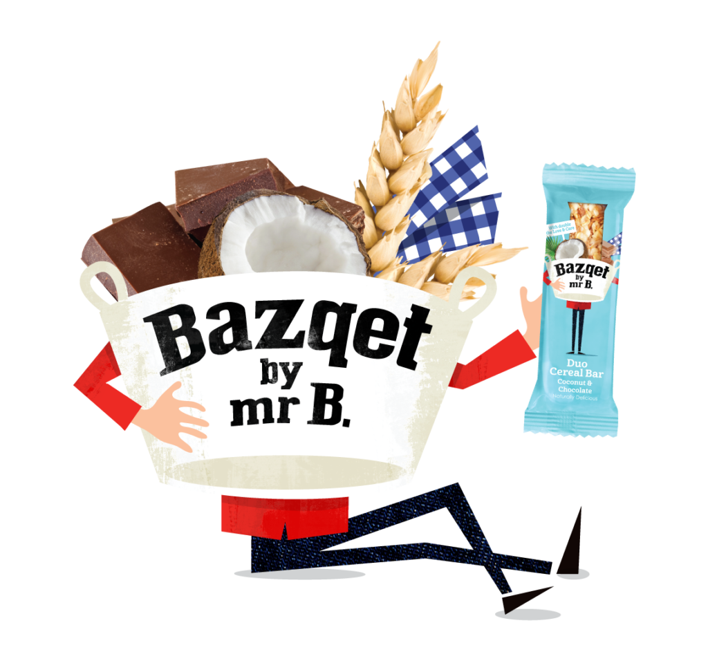 Bazqet zittend met Duo Cereal Bar Coconut Chocolate